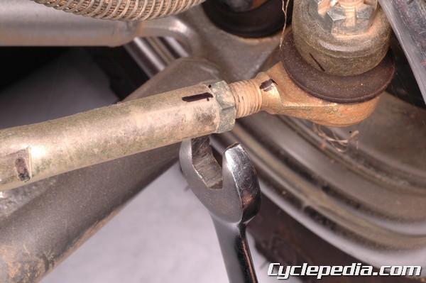 To adjust the toe-in on atv for alignment, loosen the lock nuts on the tie-rods.